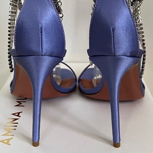 Amina Muaddi Giorgia Tanzanite Satin Crystal Ankle Wrap Sandals Pumps Heels - Picture 9 of 9
